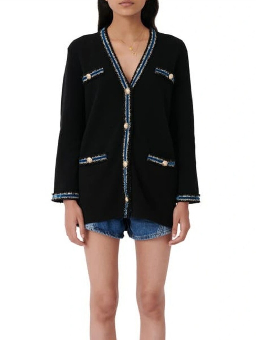 Maje Myster Striped Metallic Trimmed Kinit Cardigan In Black